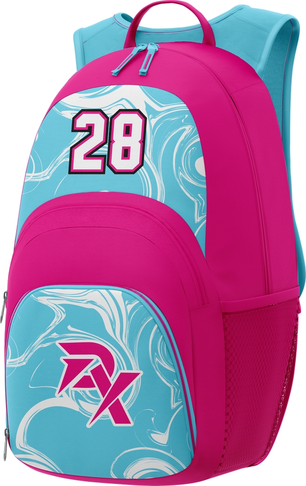 Pink and blue backpack with number 28 and logo on a white background