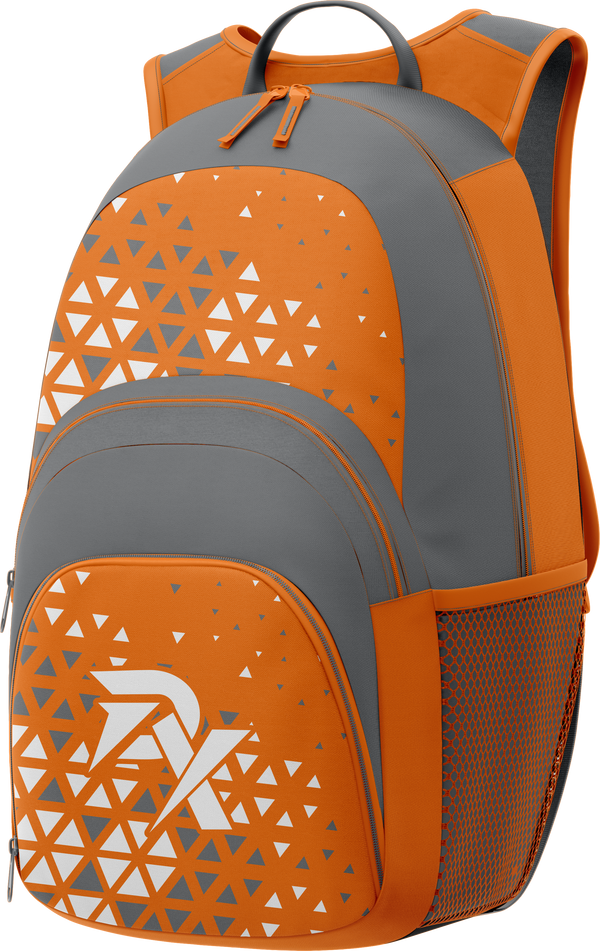 Orange and gray backpack with geometric pattern and brand logo on a white background