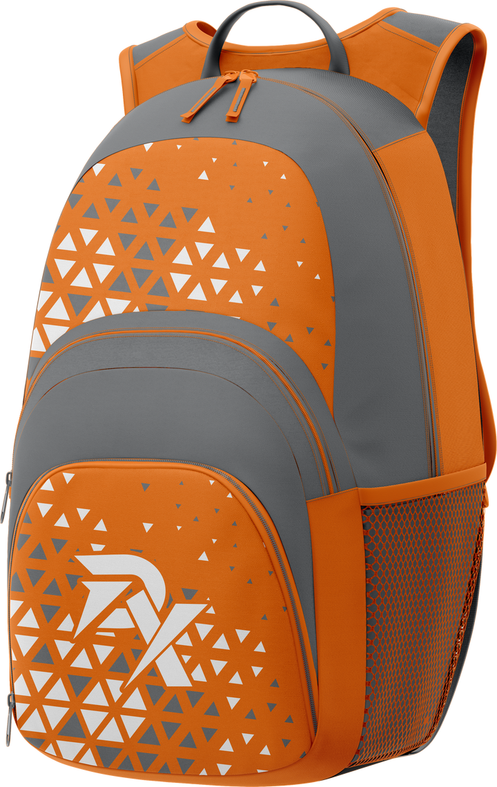 Orange and gray backpack with geometric pattern and brand logo on a white background