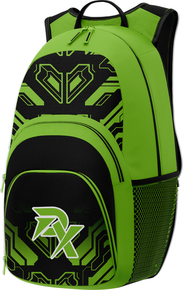 Green and black backpack with a prominent logo on a white background