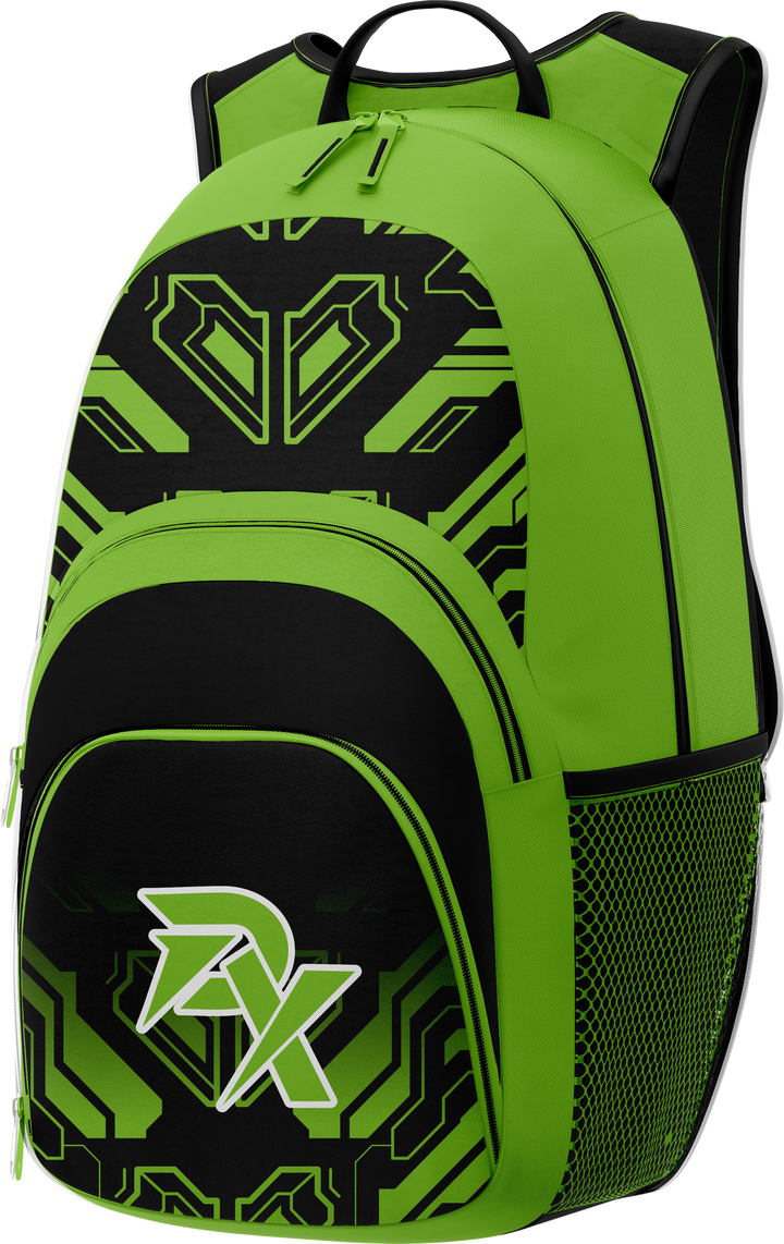 Green and black backpack with a prominent logo on a white background