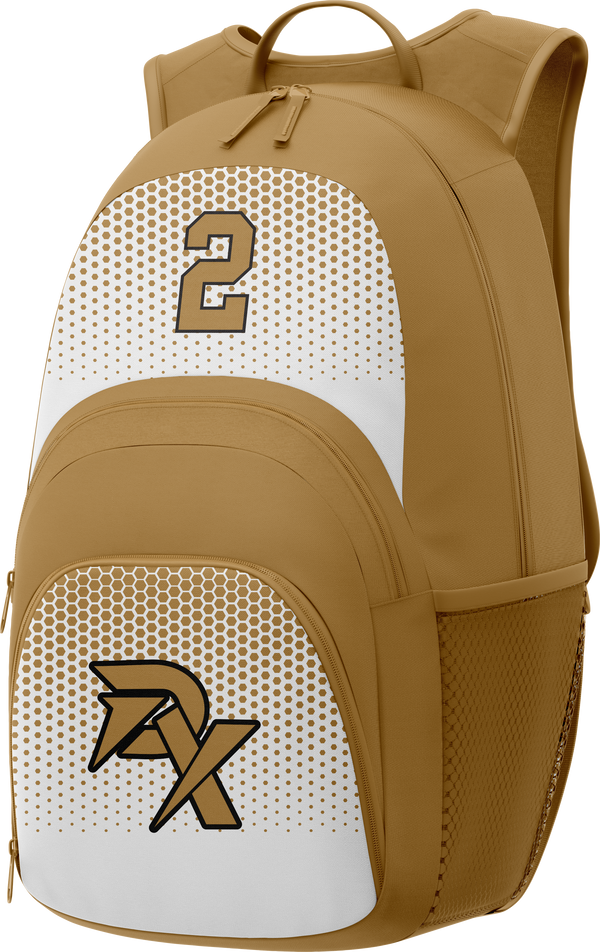 Brown and white backpack with number 2 and logo on a white background