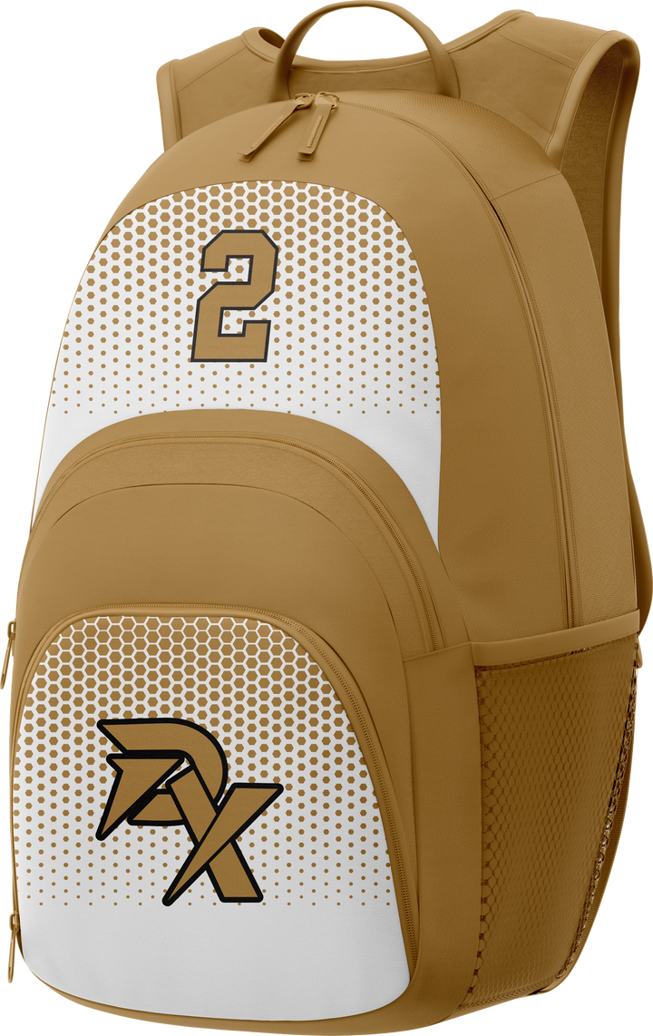 Brown and white backpack with number 2 and logo on a white background