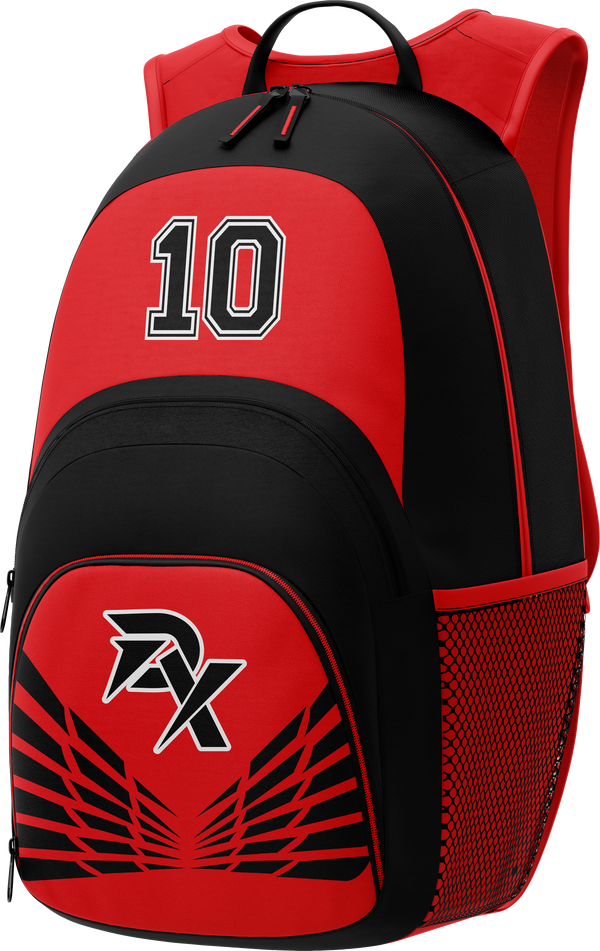 Red and black backpack with number 10 and logo on a white background