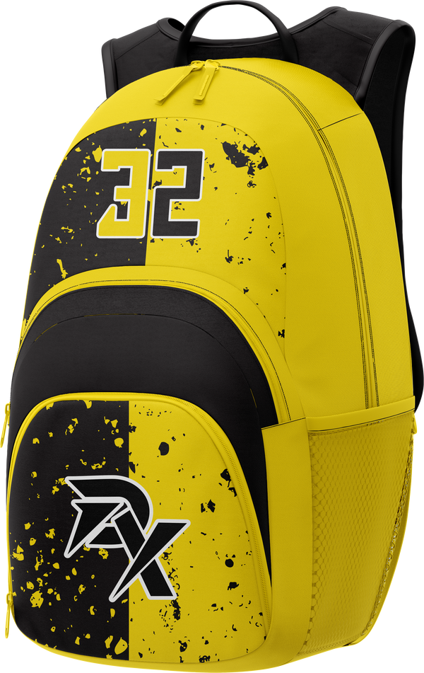Yellow and black backpack with number 32 and logo on a white background