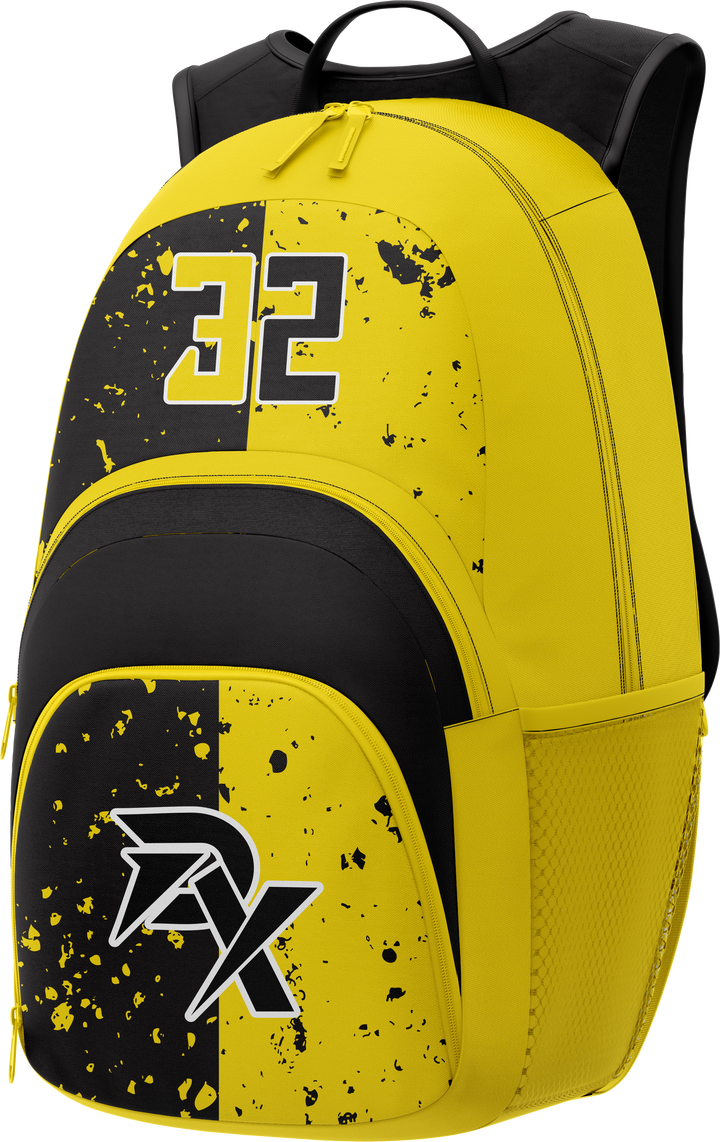 Yellow and black backpack with number 32 and logo on a white background