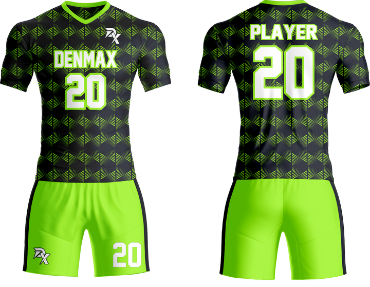 Black and green sports jersey and shorts set with 'DENMAX' branding