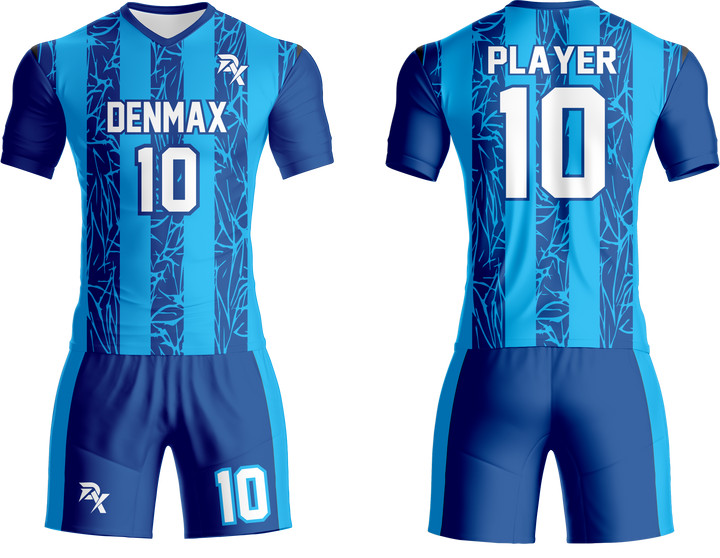 Blue sports jersey and shorts set with 'DENMAX' and 'PLAYER 10' text on a white background