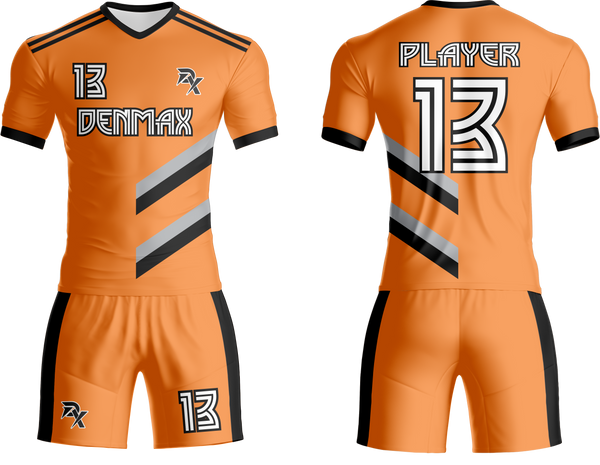 Orange sports jersey and shorts set with black and white details, featuring the brand 'DENMAX'.