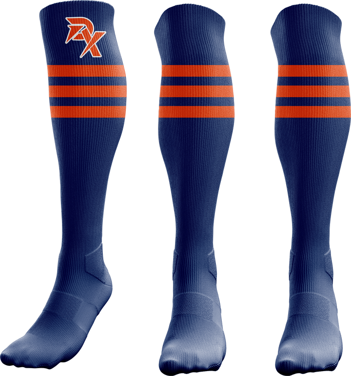 Three blue knee-high socks with orange stripes on a white background