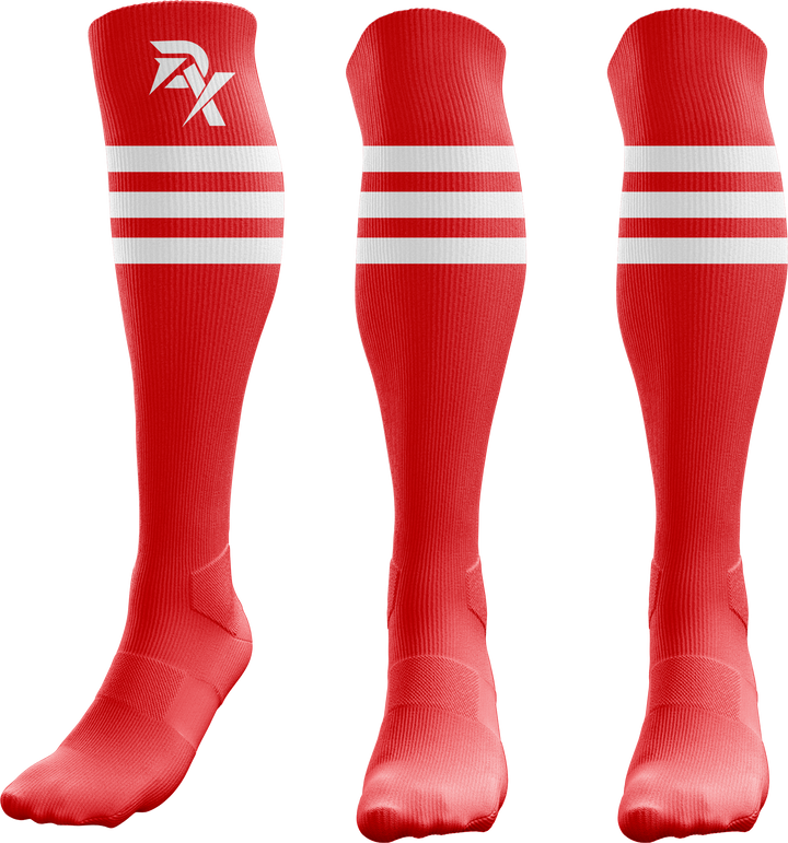 Red knee-high socks with white stripes on a white background