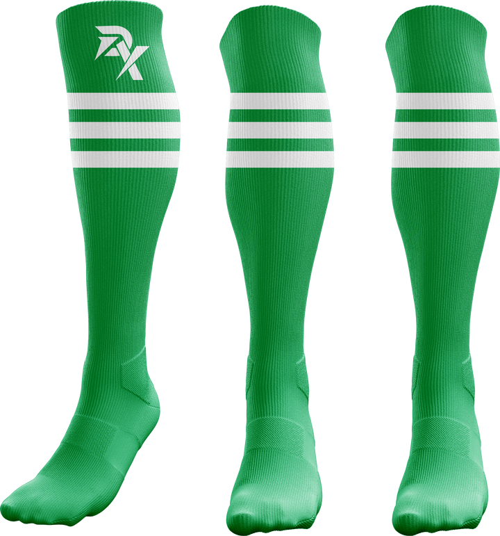 Green knee-high socks with white stripes on a white background