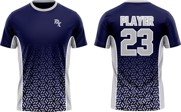 Navy and white sports jersey with geometric pattern on a plain background