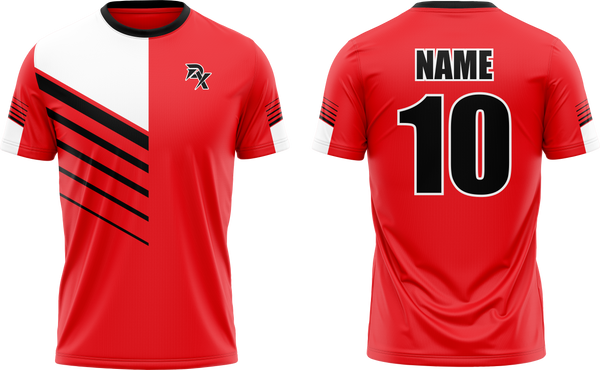 Red sports jersey with black stripes and a logo on a white background
