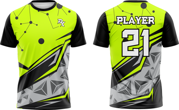 Brightly colored sports jersey with geometric patterns on a white background