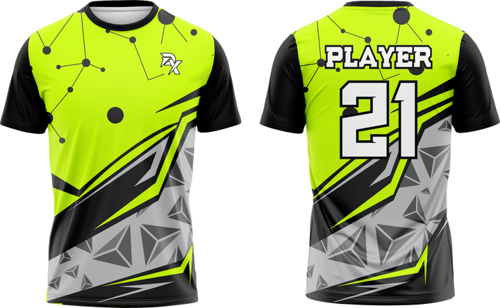 Brightly colored sports jersey with geometric patterns on a white background