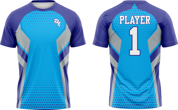 Blue sports jersey with gray accents