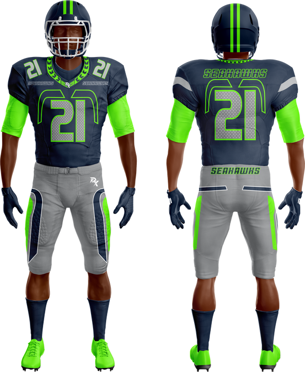 Football uniform with green, gray, and blue colors on a white background