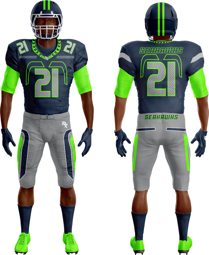 Football uniform with green, gray, and blue colors on a white background