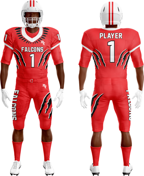 Red football uniform with 'Falcons' branding on a white background