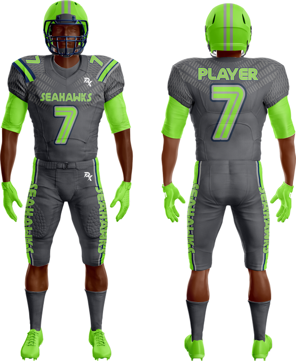 Gray and green football uniform with 'Seahawks' and number '7' on a white background