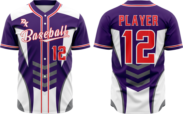 Baseball jersey with purple, white, and red design on a plain background