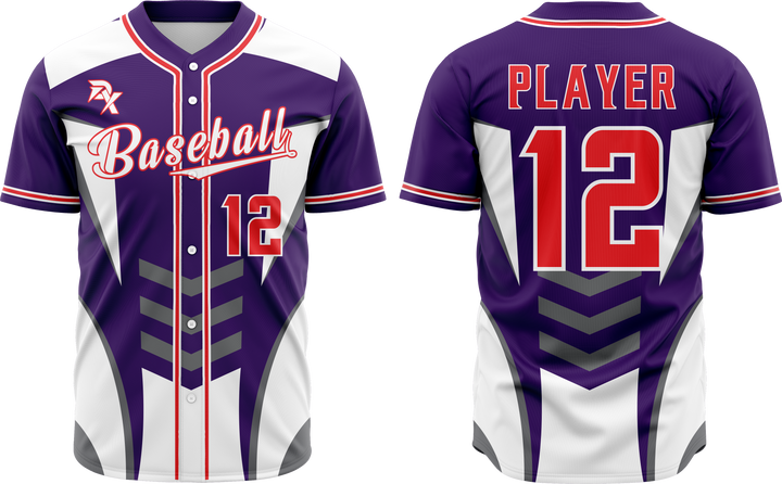 Baseball jersey with purple, white, and red design on a plain background