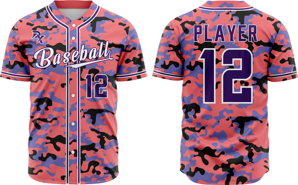 Pink and purple camouflage baseball jersey with 'Player 12' printed on it.