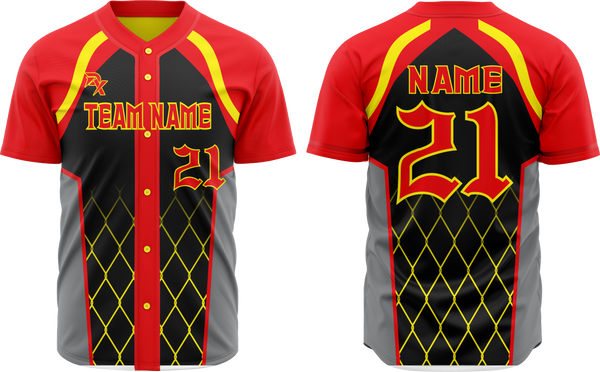 Baseball jersey with red, black, and yellow design on a white background
