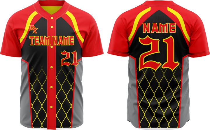 Baseball jersey with red, black, and yellow design on a white background