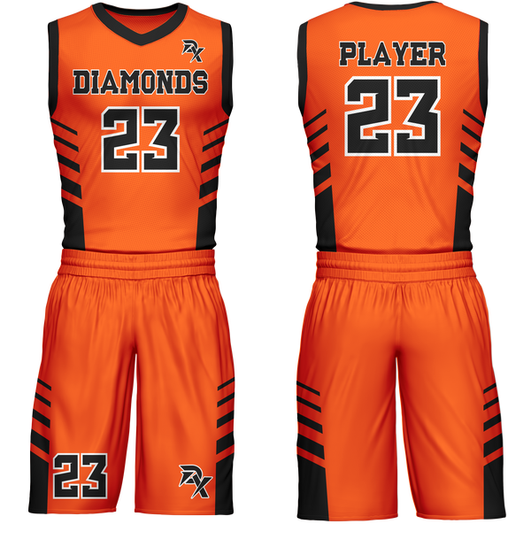 Orange basketball jersey and shorts set with black accents and 'Diamonds' text on a white background