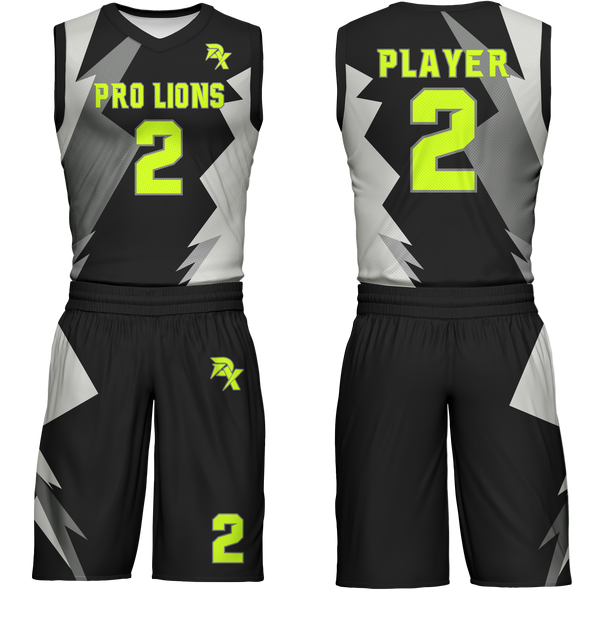 Basketball uniform with black, gray, and green design featuring 'Pro Lions' and number '2'.