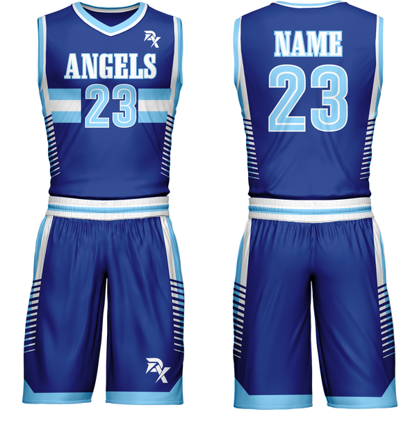 Blue basketball jersey and shorts set with 'ANGELS' and number '23' on a white background