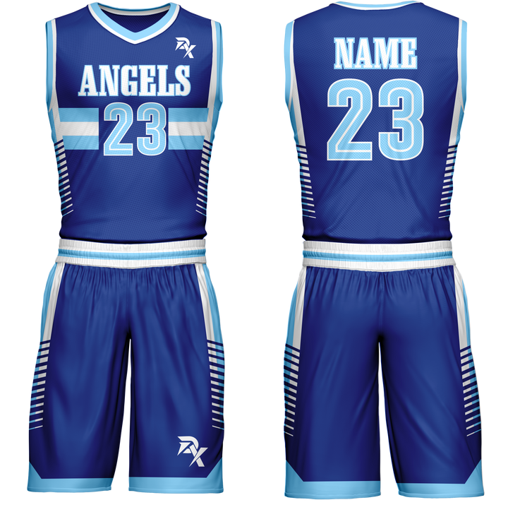 Blue basketball jersey and shorts set with 'ANGELS' and number '23' on a white background