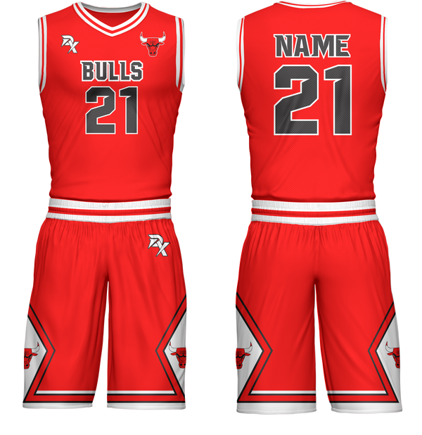 Red basketball jersey and shorts set with 'Bulls' and number '21' on a white background
