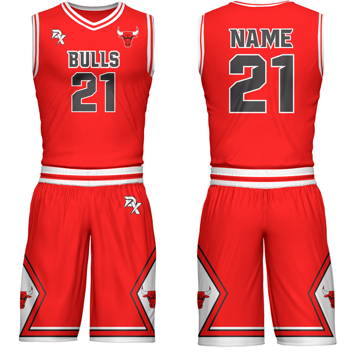 Red basketball jersey and shorts set with 'Bulls' and number '21' on a white background