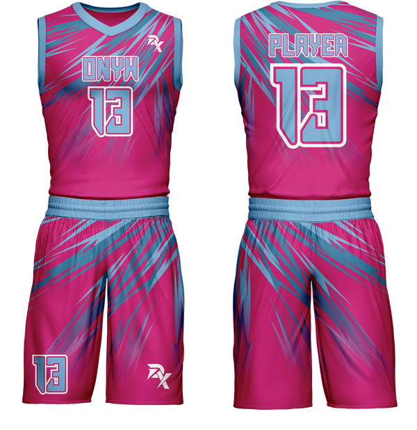 Pink and blue basketball uniform with 'ONYX' branding on a white background