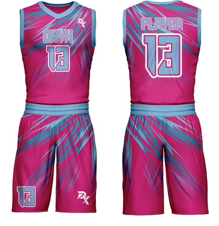 Pink and blue basketball uniform with 'ONYX' branding on a white background