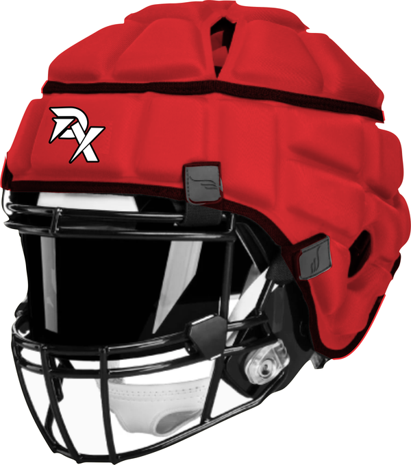 Red football helmet with black face mask and AX logo on a white background