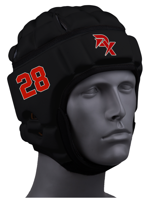 Black protective headgear with red number 28 and logo on a mannequin head.