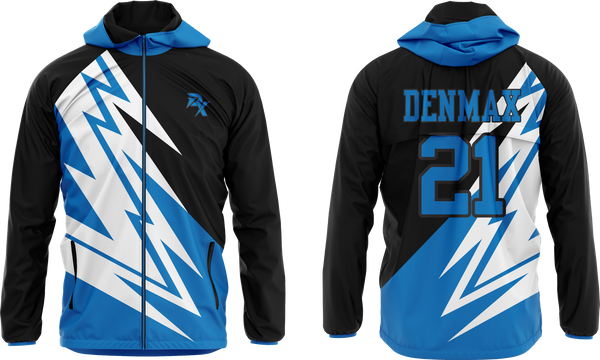 Black hoodie with blue and white geometric patterns on a white background