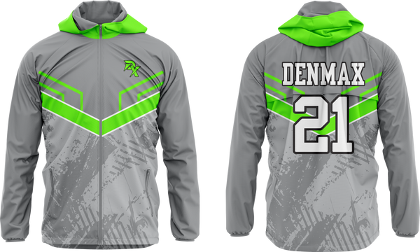 Gray jacket with green accents and 'DENMAX' branding on a white background