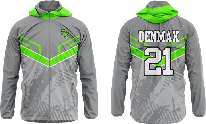 Gray jacket with green accents and 'DENMAX' branding on a white background
