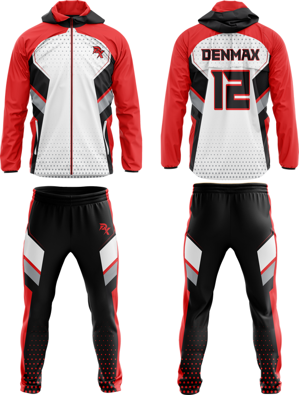 Red, black, and white sports outfit with 'Denmax' branding on a white background