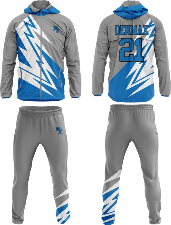 Gray and blue sports tracksuit with branding and numbers on a white background