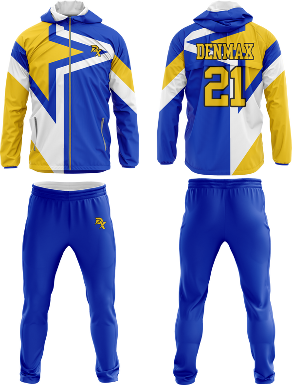 Blue and yellow tracksuit with 'Denmax' branding on a white background