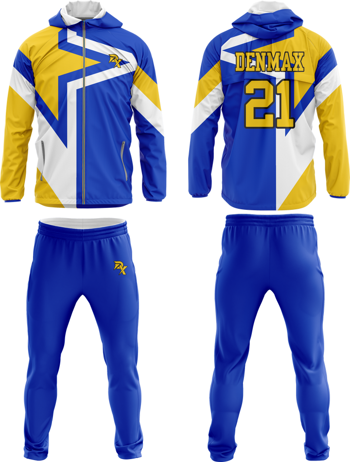 Blue and yellow tracksuit with 'Denmax' branding on a white background