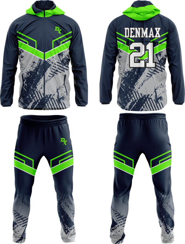 Denmax motocross outfit with gray, green, and black design on a white background