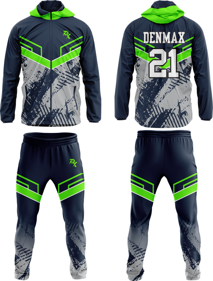 Denmax motocross outfit with gray, green, and black design on a white background