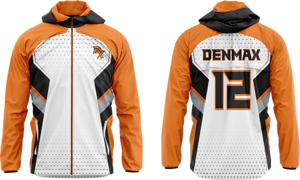 Orange, white, and black jacket with 'Denmax' branding on a white background